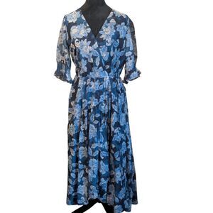 Johnny Was Jade Blue Silk Cotton Floral Maxi Dress Med Flutter Sleeve Boho Wrap